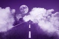 Road in the sky, white clouds and the moon. Violet image. Royalty Free Stock Photo