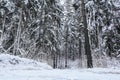 Road in a snow-covered winter forest. point view of landing drone Royalty Free Stock Photo