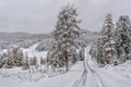 Road snow mountains forest autumn snowy Royalty Free Stock Photo