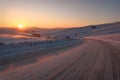 Road snow mountains winter pass sunset sun