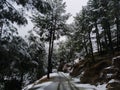 Road , snowfall and mountains Royalty Free Stock Photo