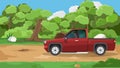 Cab pickup truck car red color with driving man drive on soil road. Royalty Free Stock Photo