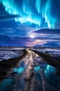 a road with some reflection in the puddles under an auroral sky