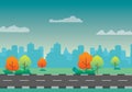 Road and some trees with city silhouette on the background vector illustration Royalty Free Stock Photo