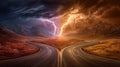 Road splits into two directions with storm clouds on one side and sun rays on the other. Dramatic landscape captures Royalty Free Stock Photo