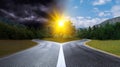Road splits into two distinct paths with dark storm clouds on one side and bright sun rays on the other. Landscape Royalty Free Stock Photo