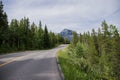 Rocky Mountains. asphalt mountain road on a sunny day. Road with yellow markings. Empty highway in Journey Royalty Free Stock Photo