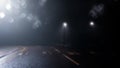 A road with street lights on a misty winters night. With a blurred, bokeh, out of focus edit Royalty Free Stock Photo