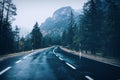 Road in the summer foggy forest in rain. Landscape Royalty Free Stock Photo