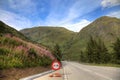 Swiss mountains alpine beautiful road mountain landscape blue sky summer flowers travel empty landscape no overtaking sign green Royalty Free Stock Photo