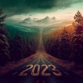 Road thru the woods leading forward to year 2023 - generative ai