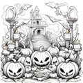 Road to the castle, flying birds and ominous jack-o-lantern pumpkins and lit candles, Halloween black and white picture coloring Royalty Free Stock Photo