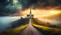 A road to the a church on a hill with fog and clouds. AI generated Royalty Free Stock Photo