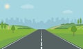 Road To City. Straight empty road through the meadow. Summer landscape. Royalty Free Stock Photo