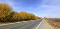 Road to the depths of the Taklimakan Desert in autumn, adobe rgb