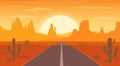 Road to desert landscape at sunset with cactus and hills silhouettes background