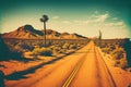 Road to desert. Retro tone color style. Travel vacation concept. Generative AI Royalty Free Stock Photo