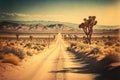 Road to desert. Retro tone color style. Travel vacation concept. Generative AI Royalty Free Stock Photo