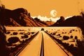 Road to desert. Retro tone color style. Travel vacation concept. Generative AI Royalty Free Stock Photo