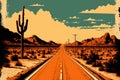 Road to desert. Retro tone color style. Travel vacation concept. Generative AI Royalty Free Stock Photo