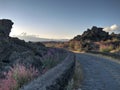 Stone Road Leading to Mount Etna, Evening Colors with Lava Formations and Spring Flora Royalty Free Stock Photo