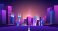 Road to futuristic city. Bridge to night neon town, bright buildings with urban lights beam. Highway to future vector Royalty Free Stock Photo