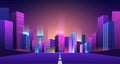Road to futuristic city. Bridge to night neon town, bright buildings with urban lights beam. Highway to future vector Illustration Royalty Free Stock Photo