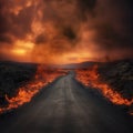 Road to hell, black road, fire around, cracks, crimson sky, ominous scary landscape,