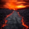 Road to hell, black road, fire around, cracks, crimson sky, ominous