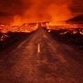 Road to hell, black road, fire around, cracks, crimson sky, ominous scary landscape,