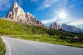 Road to the hight mountains. Panoramic Landscape of Alpen road, Dolomites, Italy Royalty Free Stock Photo