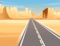 Road to highway in desert landscape with empty road and flat mountains sunny day with clear sky vector illustration