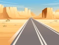 Road to highway in desert landscape with empty road and flat mountains sunny day with clear sky vector illustration