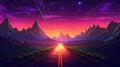 Road to horizon in synthwave style. 80s styled purple and blue synthwave highway landscape. Generated AI. Royalty Free Stock Photo