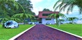 The road to the house is paved with red-blue bricks with a white border around the edges. Metal decorative installations on the