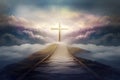 The road to the Kingdom of Heaven which leads to salvation and paradise with God with a cross showing the way