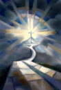 The road to the Kingdom of Heaven which leads to salvation and paradise with God shown in an abstract cubist style painting