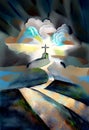 The road to the Kingdom of Heaven which leads to salvation and paradise with God shown in an abstract cubist style painting