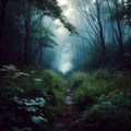 Road to the light in dark mysterious forest Royalty Free Stock Photo