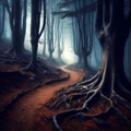 Road to the light in dark mysterious forest Royalty Free Stock Photo