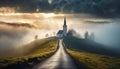 A road to the a church on a hill with fog and clouds. AI generated Royalty Free Stock Photo