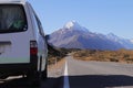 View of Mount Cook in Aoraki National park, Southern Alps, New Zealand, Campervan parking along the road Royalty Free Stock Photo