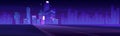 Road to night city, empty highway, purple skyline