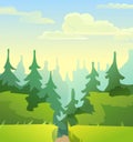 Road to a pine forest through a farm rural field. Cute funny floral green landscape. Rural countryside. Illustration in