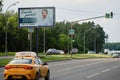 Road to Russia and a thank you doctor poster for treating a coronavirus epidemic - Moscow, Russia, June 25, 2020