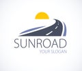 The road to the setting sun, curved highway vector perfect design illustration or logo. Camping, travel and tourism theme, car or Royalty Free Stock Photo