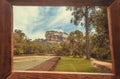 Road to Sigiriya mountain and people walking to famous historical and archaeological site. UNESCO world heritage area