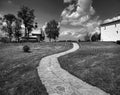 The road to the small temple. Black and white