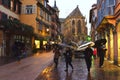 Road to St.Martin church in Colmar, France. Cathedral, gothic.