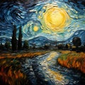 Starry Night River Path: Abstract Impressionist Oil Painting Royalty Free Stock Photo